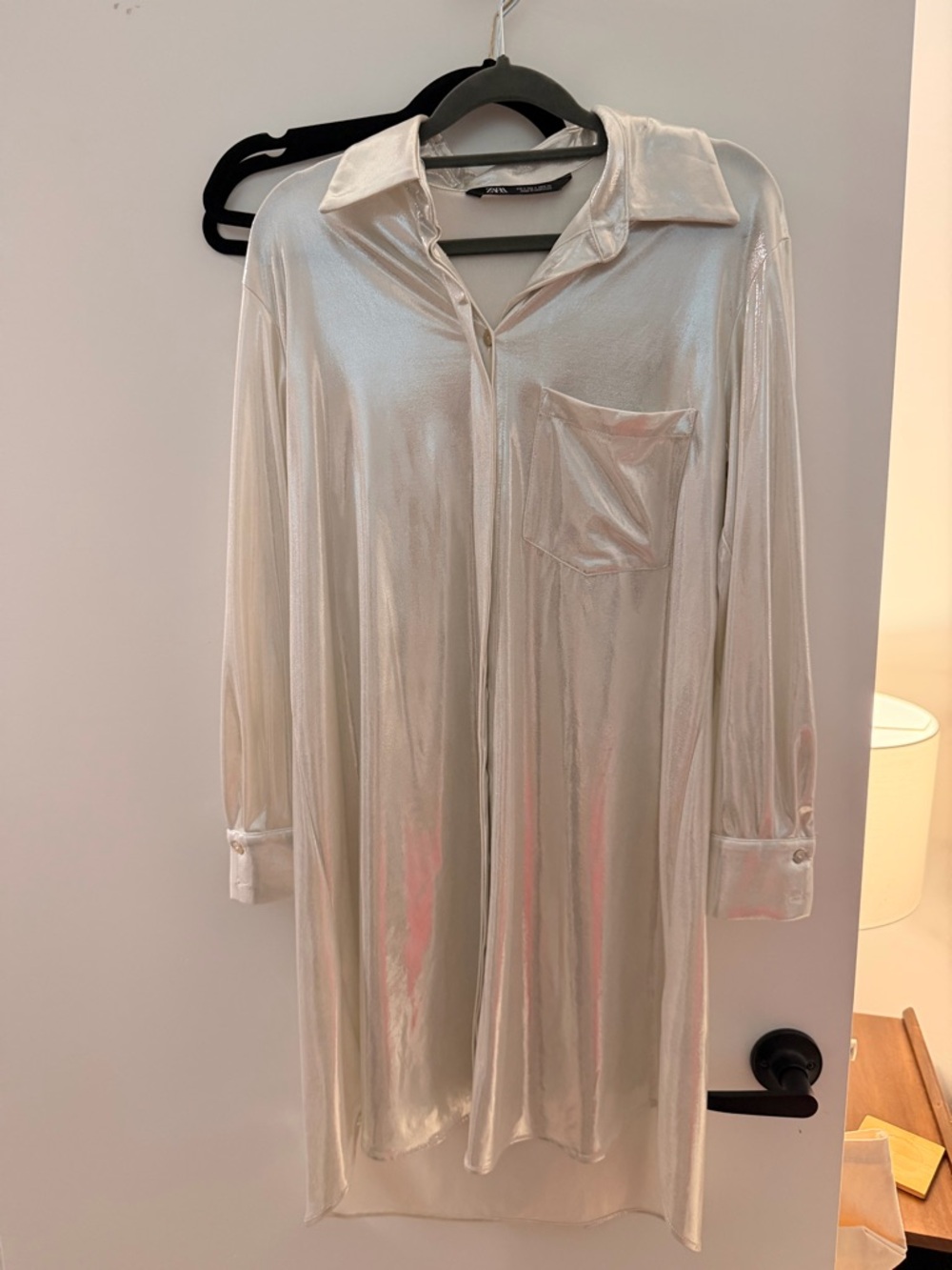 Zara Silky Metallic Silver Long-Sleeve Dress